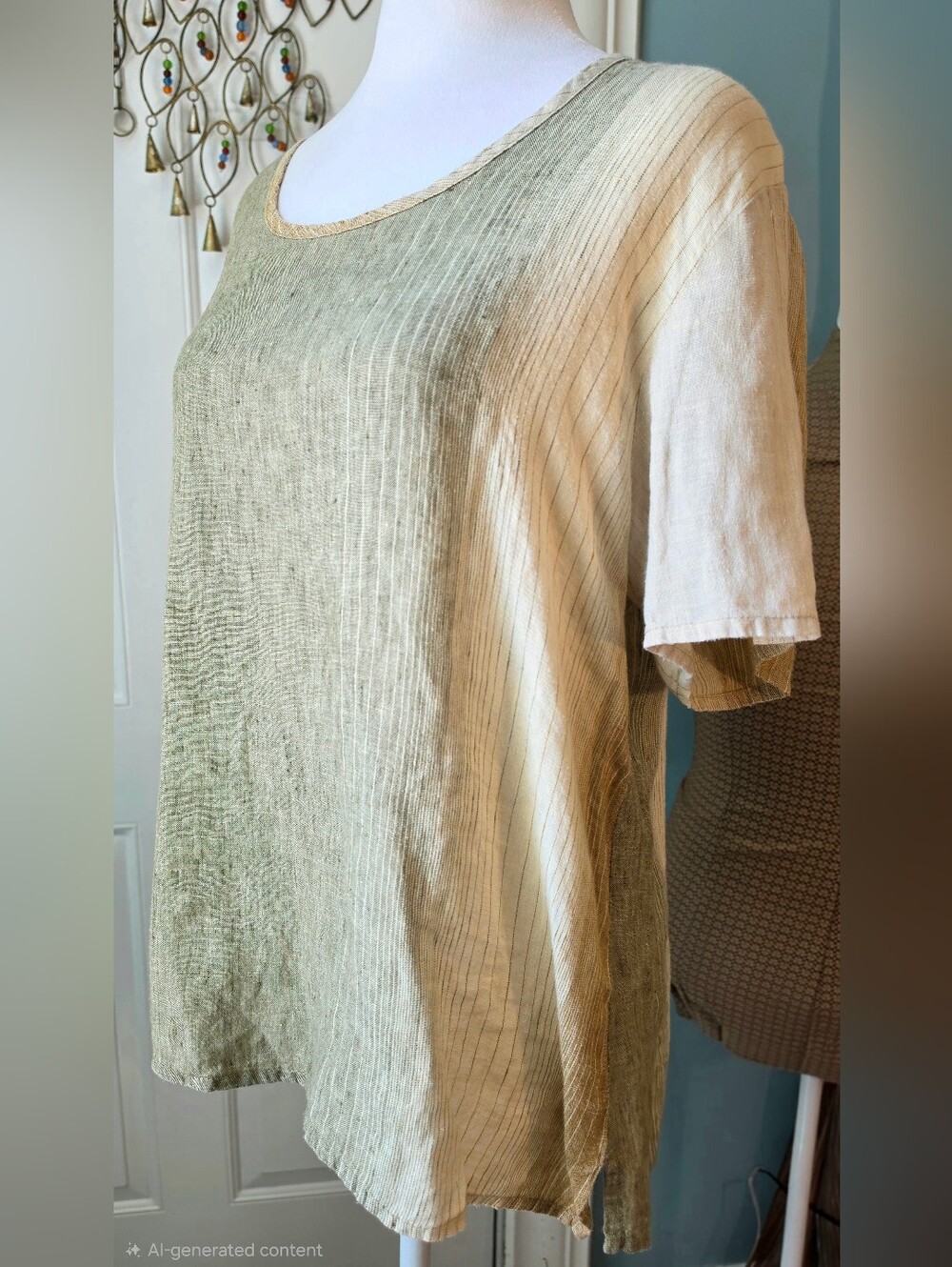 Flax Two-Tone Fundamental Tee Womens S Cream & Sage 100% Linen Oversized Lightwe
